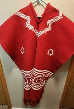 Aztec Poncho Shawl One Size Red Fringe Southwestern