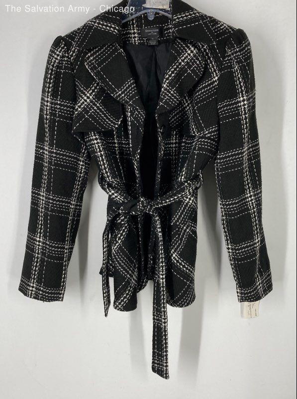 Larry Levine Womens Black White Plaid Belted Long Sleeve Trench Coat Size 16