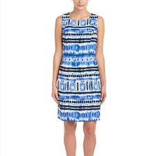Tahari ASL Linen Blend Sleeveless Sheath Dress 14 Blue White