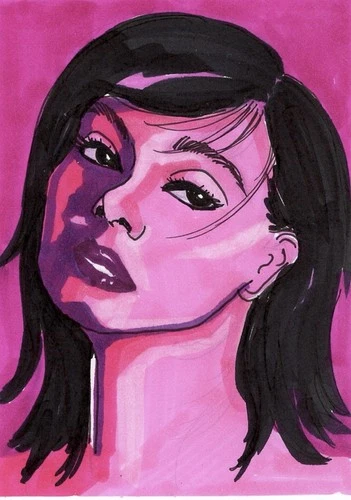 ACEO Original Art Card | Alcohol Marker Drawing | Gorgeous Woman Neon Pink Light