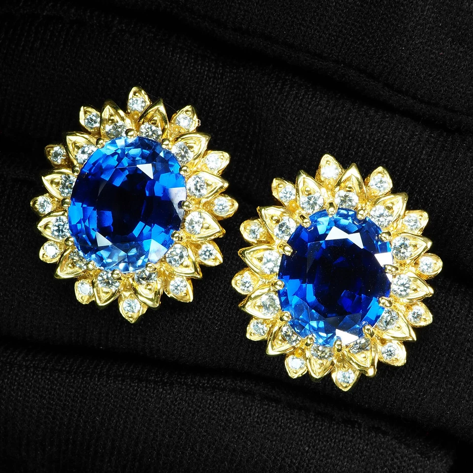Orecchini in argento sterling 925 placcato oro 24 carati zaffiro blu reale... - Immagine 2 di 4
