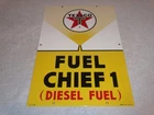 VINTAGE TEXACO FUEL CHIEF 1 DIESEL SPRAYER 18" PORCELAIN METAL GASOLINE OIL SIGN