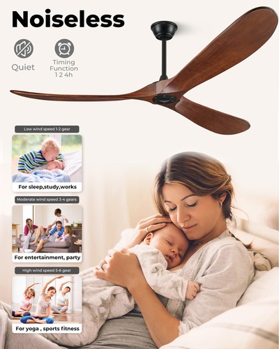 52" Ceiling Fans Without Lights Solid Wood Ceiling Fan with Remote Control an... - Picture 7 of 9