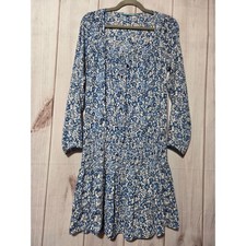 Lulus Blue Floral Chiffon Smocked Waist Mini Dress Long Sleeve V-Neck Size Large