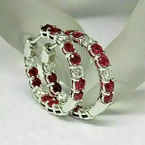 2Ct Round Cut Lab Created Red Ruby Huggie/Hoop Earrings 14k White Gold Plated - Picture 1 of 4