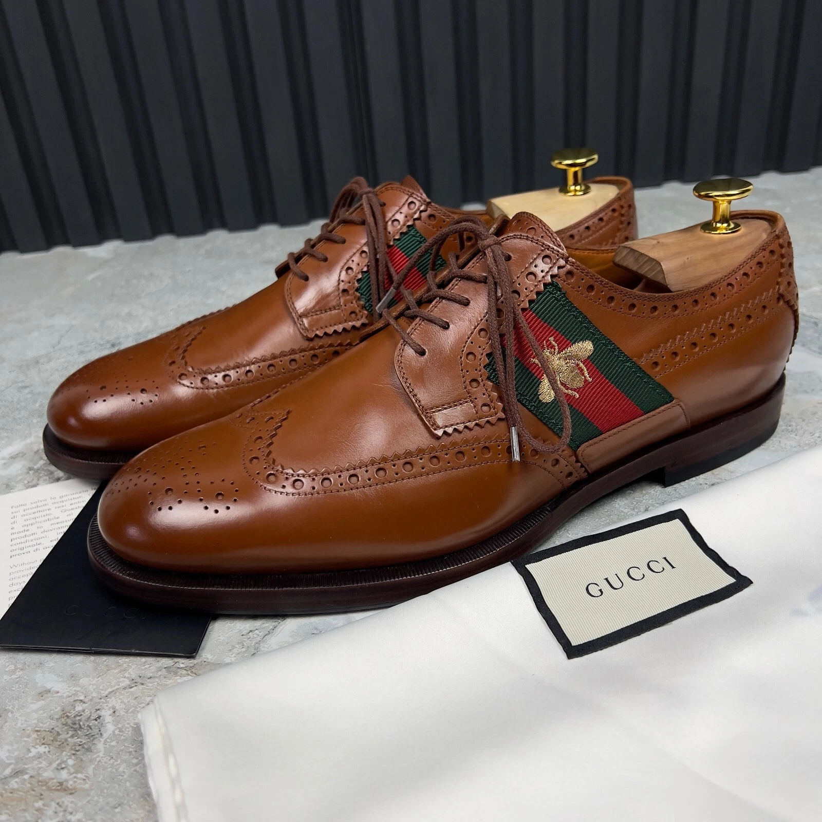 Gucci Sylvie Oxford Web Bee Wingtip Derby cuir marron 7,5 G ou 8 US 41,