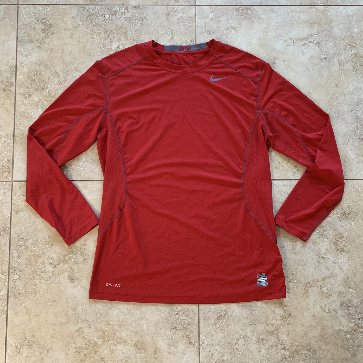 Nike Pro Combat Shirt Mens Large Fitted Red Long Sleeve Swoosh Performance Gym