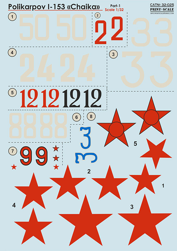 Print Scale 32-025 Polikarpov I-153 Chaika Part 1 decal for aircraft 1/32 scale