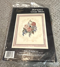 Golden Bee Roses with Border Stamped Cross Stitch Kit 14" x 18" Leaf Floral 90s