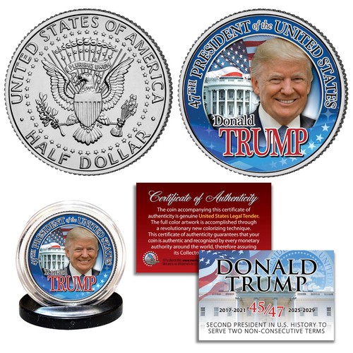 DONALD TRUMP 47th PRESIDENT Colorized Genuine JFK Kennedy Half Dollar Coin COA