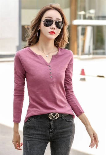 Womens Cotton Long Sleeve T Shirt Loose V Neck Slub Cotton Casual Blouse Tops US - Bild 21 von 49