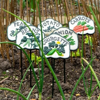 Vegetable Signs Cast Iron Hand Painted Set of 6 Markers Tags Labels Gardening