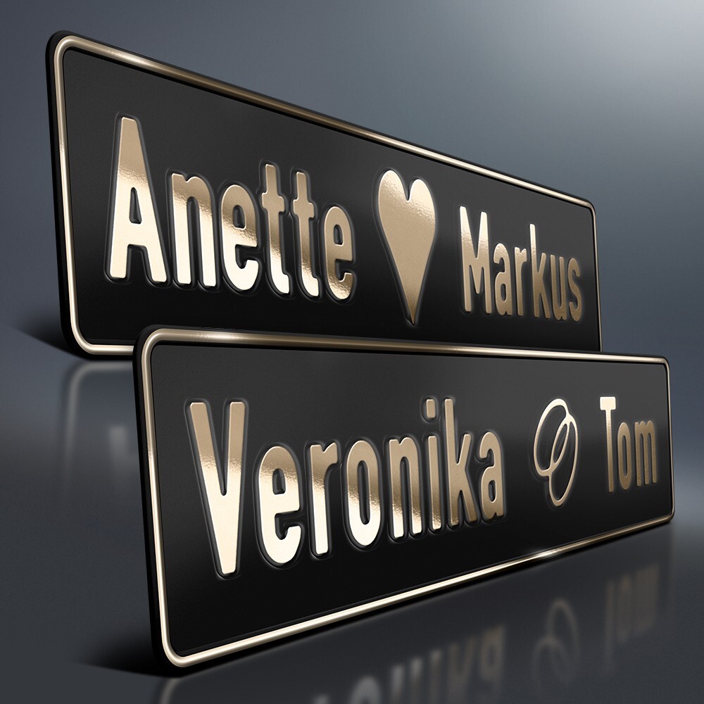 1x Hochzeit Aluschild | Wunschtext Goldprägung | Herz & Eheringe | Schwarz Matt