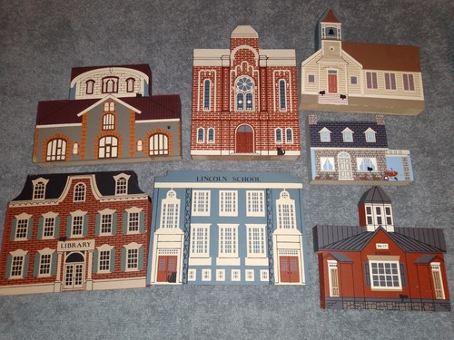 Lot 7 Assorted The Cat's Meow Wooden Village Sitters Schools Library