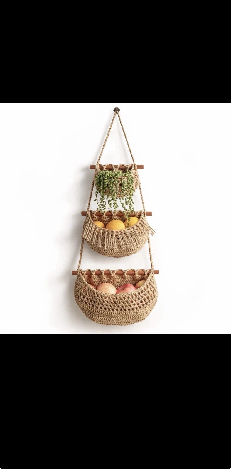 3-Tier Hanging Fruit Basket: Woven Jute Organizer 4 Kitchen/living Room-Horpait