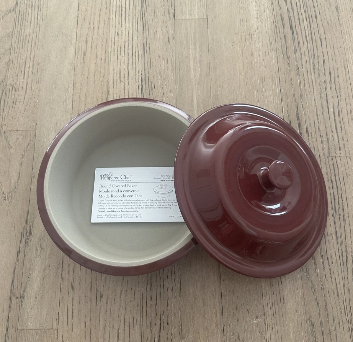 Pampered Chef Round Covered Baker #1364 Stoneware 6 Cup Cranberry 9" wide NEW