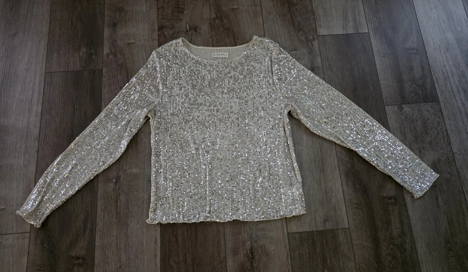 Pullover para mujer Lucky Brand XL súper lentejuelas brillante marfil plateado dorado LS Top Foto 2 de 4