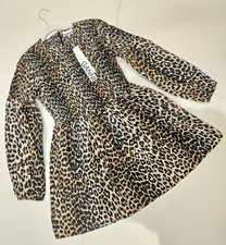 Ganni Leopard Print Smocked A-Line Dress Long Sleeve Cotton Silk Blend, Size 38