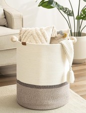72L Cotton Rope Laundry Basket with Wooden Beads Handles, Woven Basket for