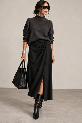 Weekend Max Mara Burano Sz L Black Draped Midi Skirt Modal Cotton 2357760139