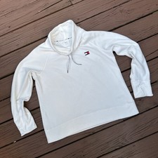 TOMMY HILFIGER Sport Fleece Sweatshirt Women s XL Mock Neck Pullover White
