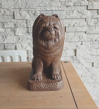 SITTING  BRONZED STONE CHOW CHOW DOG DOGS STATUE  GARDEN SCULPTURE