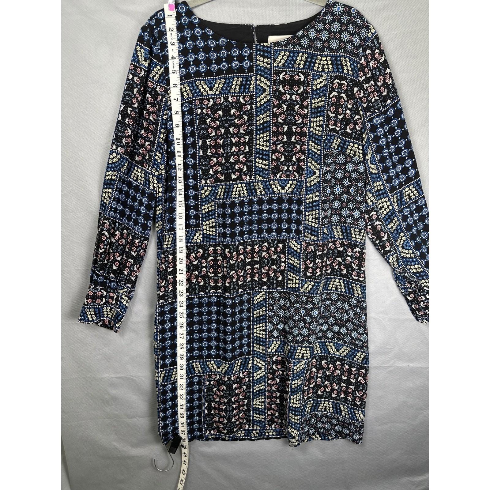 LOFT Patchwork Print Long Sleeve Shift Dress Blac… - image 6