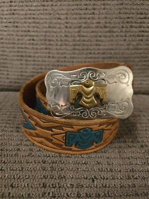 Chambers Belt Co Buckle And Belt Western Leather 25-29 Nikel Silver Thunderbird - Image 1 of 4