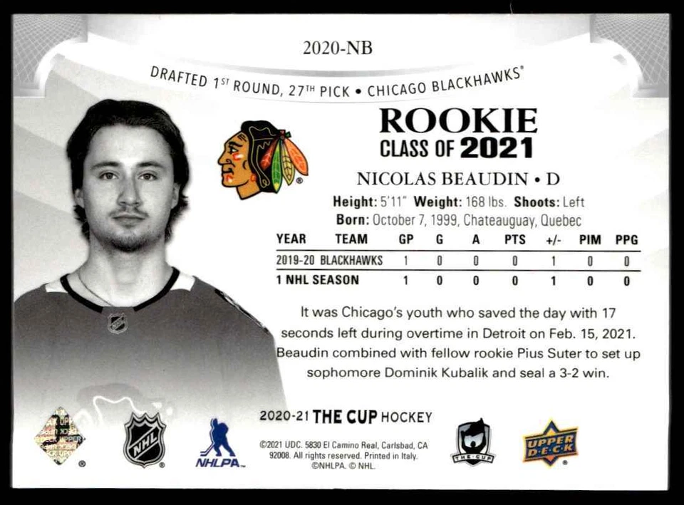 2020-21 Upper Dek The Cup Rookie Class 2021 Nicolas Beaudin Rookie /249 Chicago - Image 2 of 2