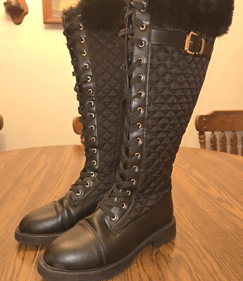 Knee High Tall Kalima Black Quilted Boot Faux Fur Trim Lace Up Side Zip Sz 