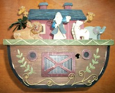 Primitive Wooden Noah's Ark Display w/ Hand-painted Animals Elephant Giraffe