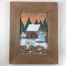 Painted Enamel on Copper Painting Old Mill Winter American Landscape Art Vintage