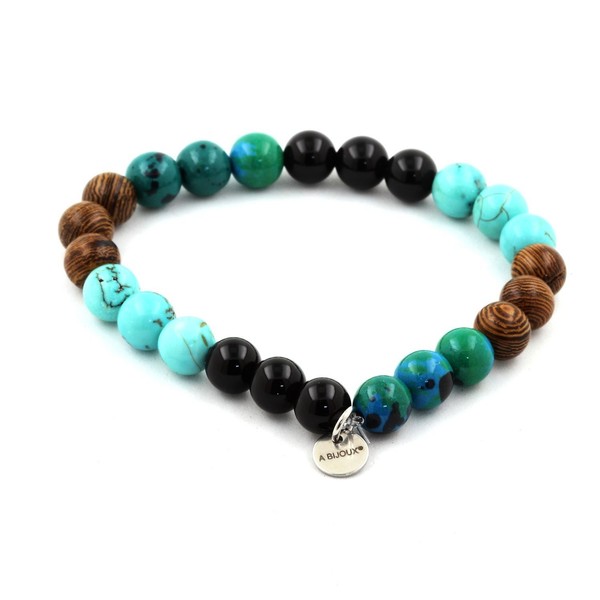 Armband Perlen Chrysokoll + TüRkis + Schwarze Achat + Holz 8 Mm. Hergestellt Aus-image