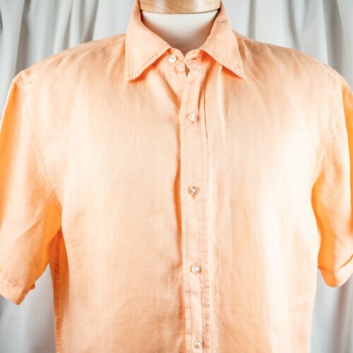 NEIMAN MARCUS New Orange Peach Solid Linen Men Short Sleeve Shirt Size XL - Picture 4 of 11