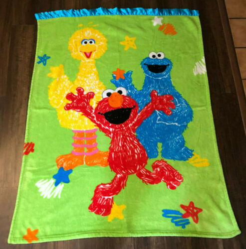 Elmo Cookie Monster Big Bird Fleece Baby Toddler Blanket Satin Sesame Street - Afbeelding 1 van 5