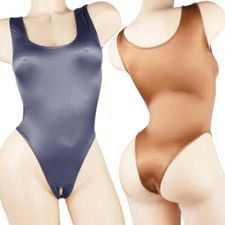 Women Shiny Satin Crotchless Bodysuit High Cut Leotard Romper Lingerie Nightwear