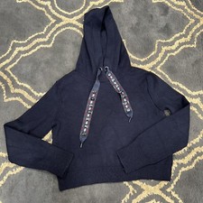 Zara Knit Cropped Hoodie Sz M Navy Blue w/ Jeweled Drawstrings Long Sleeve