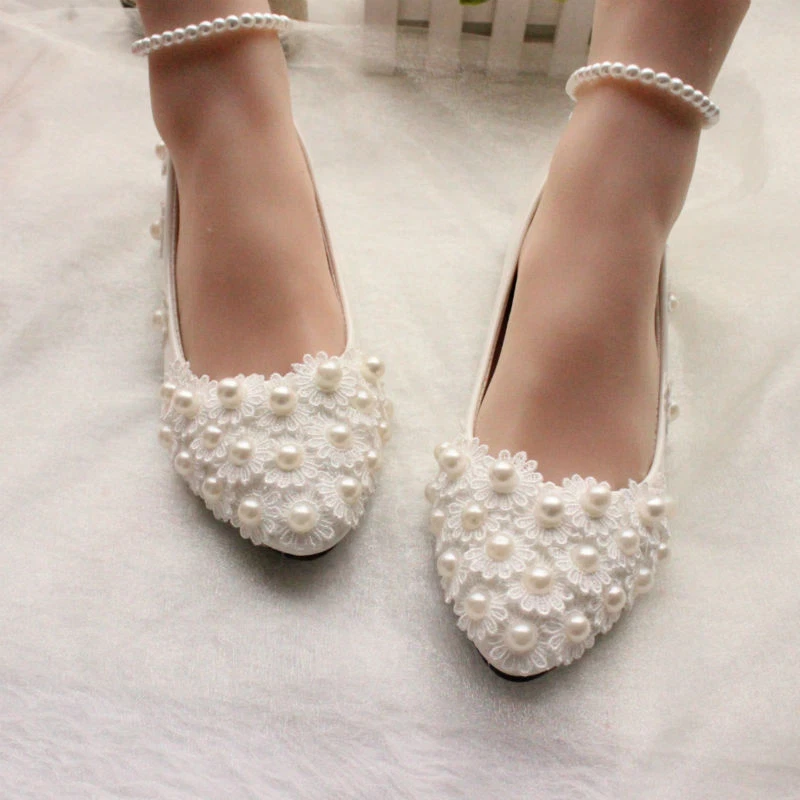 White Ivory Lace Pearl Wedding shoes Bridal bridesmades flats low high heel pump