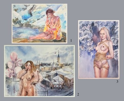 Girl Female Woman Original Painting Watercolor Winter Set