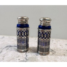 F.B. Roger Silver Company Salt & Pepper Shaker Set w Cobalt Blue Glass Liners JL