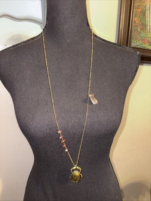 Massimo Dutti Gold Tone Beatle Stone Long Necklace Boho Style Red Carnelian