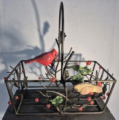 Vintage Metal Wire Basket Songbirds Twig Leaves Garden Farmhouse Decor Handle...