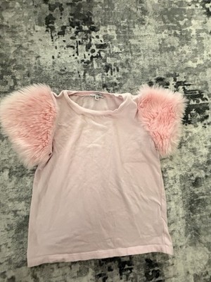 Simonetta Girls Pink Top Size 7 (128) Faux Fur Sleeves Designer Shirt Italy Luxu