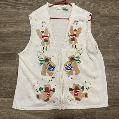 White Stag Ugly Christmas Sweater Vest XXL 18/20W Teddy Bears & Gifts Beige VTG
