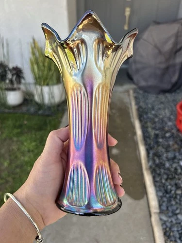 Vintage Fenton 6 Point Swung Amethyst Vase Diamond & Rib Carnival Glass