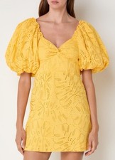 Farm Rio Monstera Eyelet Mini Dress Yellow Short Puff Sleeve Size S Sweetheart