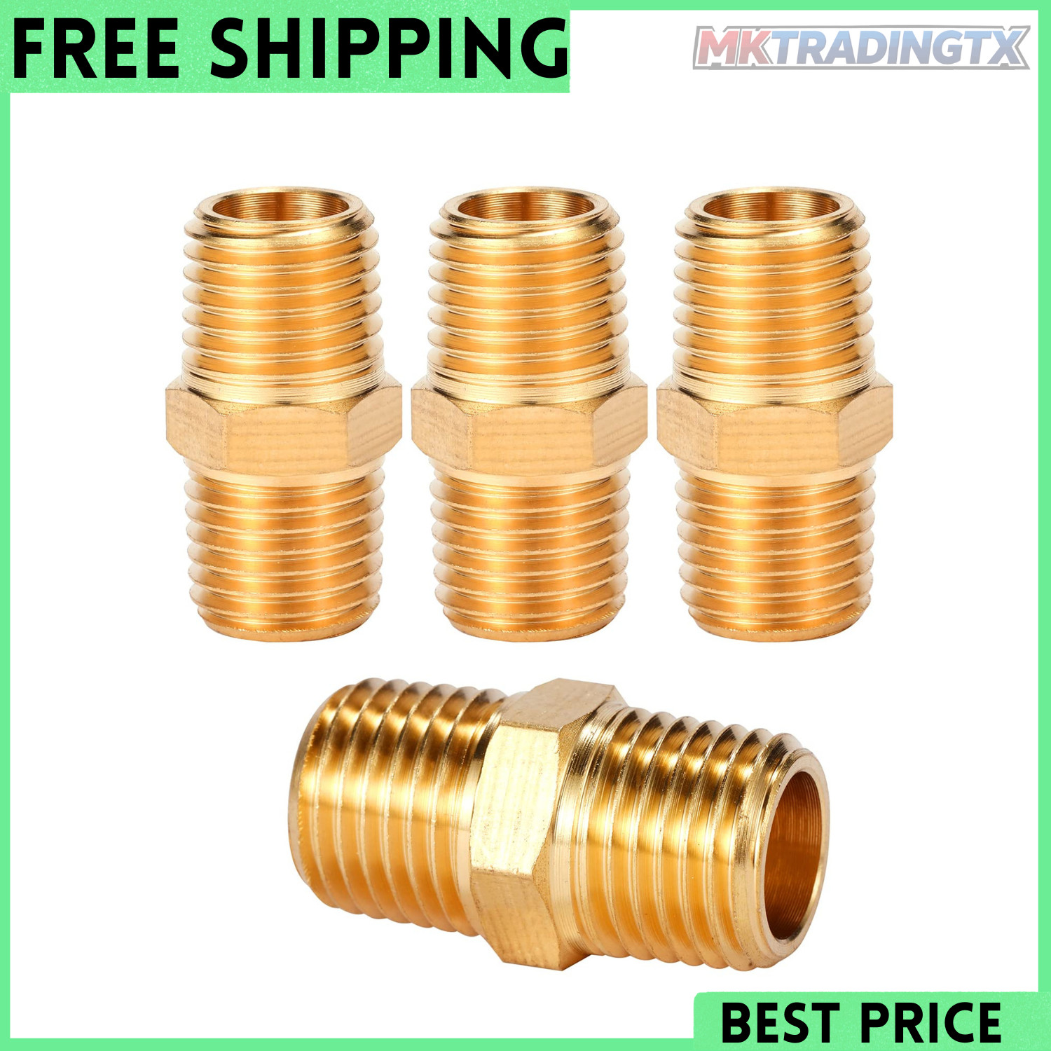 4 pcs Solid Brass Pipe Fitting, Hex Nipple, 1/4" x 1/4" NPT Male Pipe Adapter