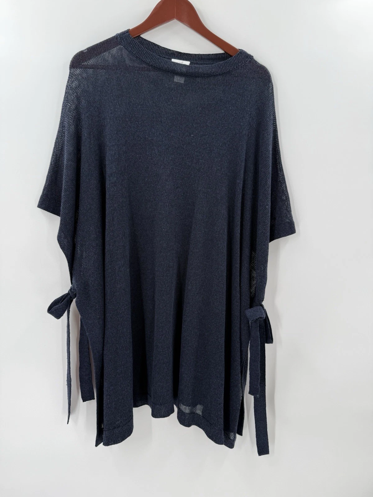 J. Jill Navy Blue Linen Blend Lightweight Poncho Side Ties Cover Up One Size EUC