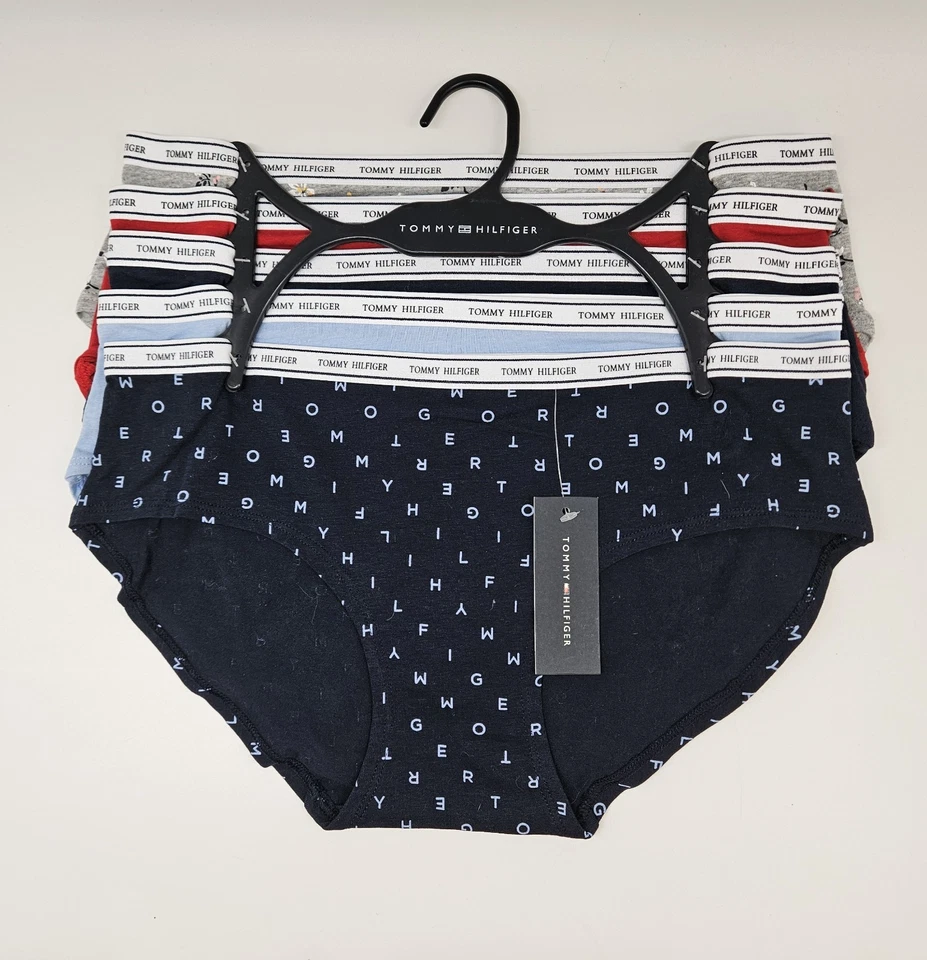 TOMMY HILFIGER 5 件装女式 M L XL 标志棉质时髦内裤灰色红色海军蓝 — 第 2/4 张图片