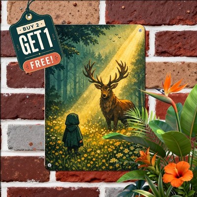 Enchanted Deer Child Vintage Metal Sign Whimsical Fantasy Wall Decor 8x12